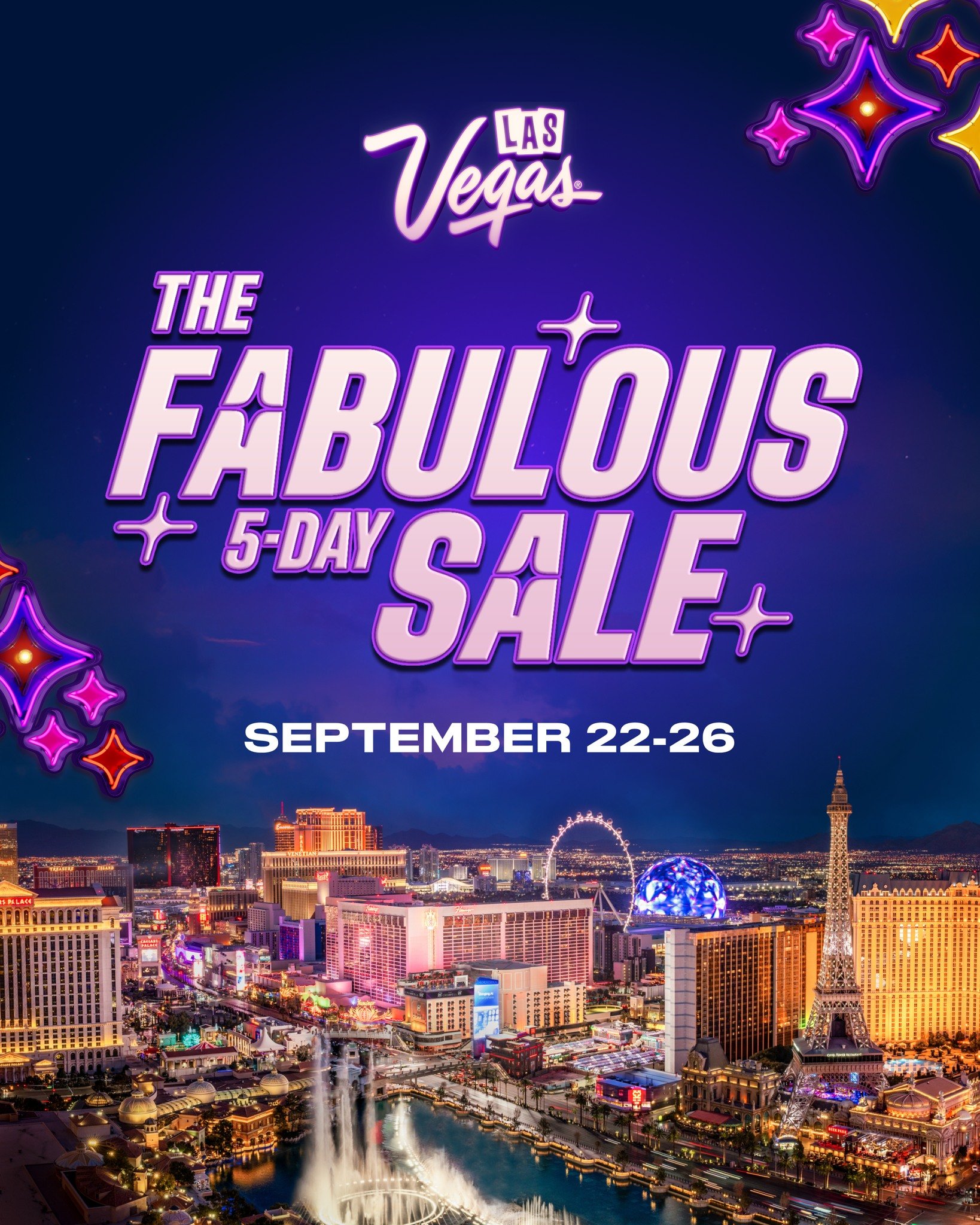 ✨ VEGAS FLASH SALE ✨
📅 Sept 22&ndash;26 only | Travel thru Dec 23, 2025

🏨 Top Deals
&bull; Fontainebleau &ndash; 20% off + $50 F&amp;B + FREE parking/no resort fees
&bull; Treasure Island &ndash; Rooms from $99 + $30 credit + Myst&egrave;re ticket