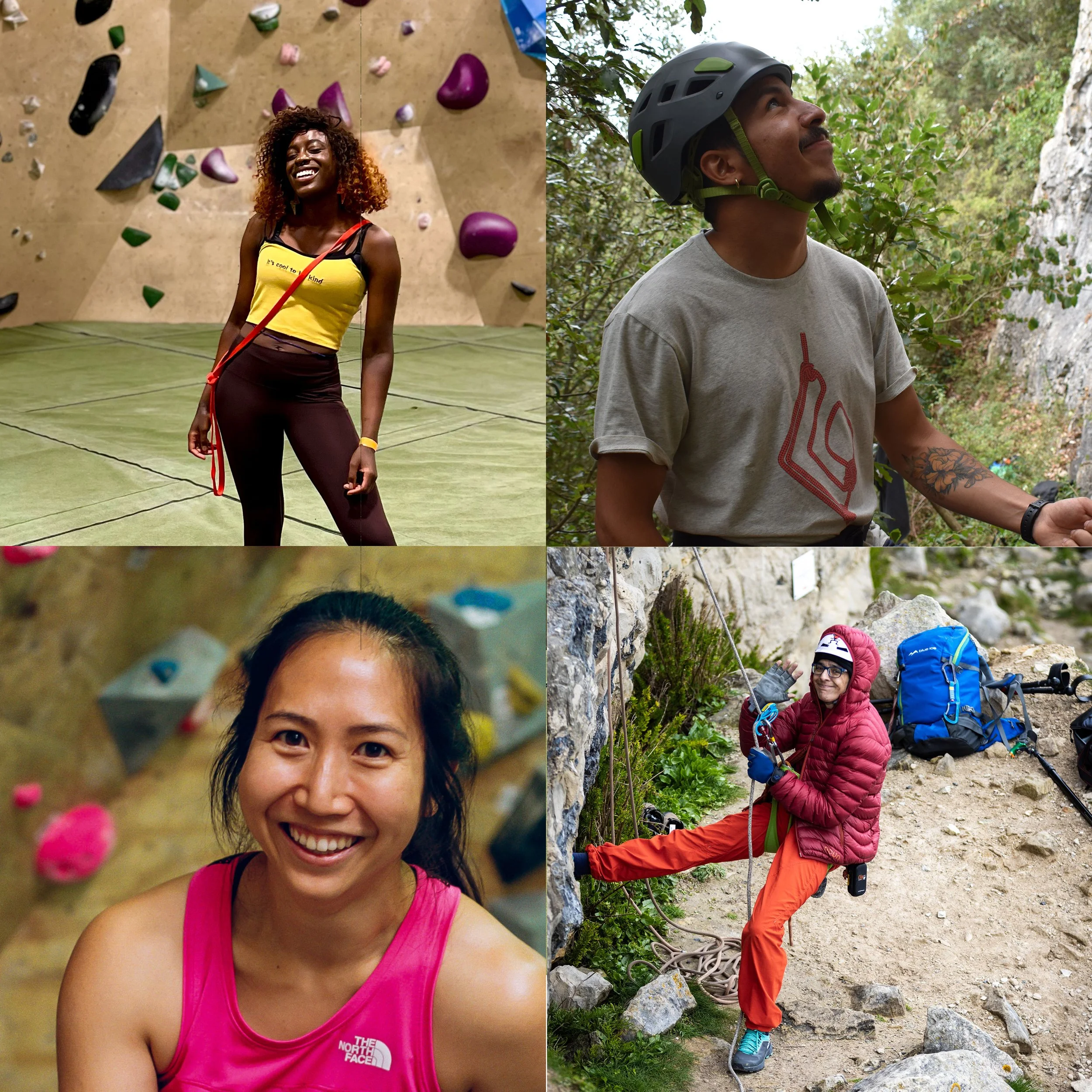 Composite image of four people all climbing and smiling