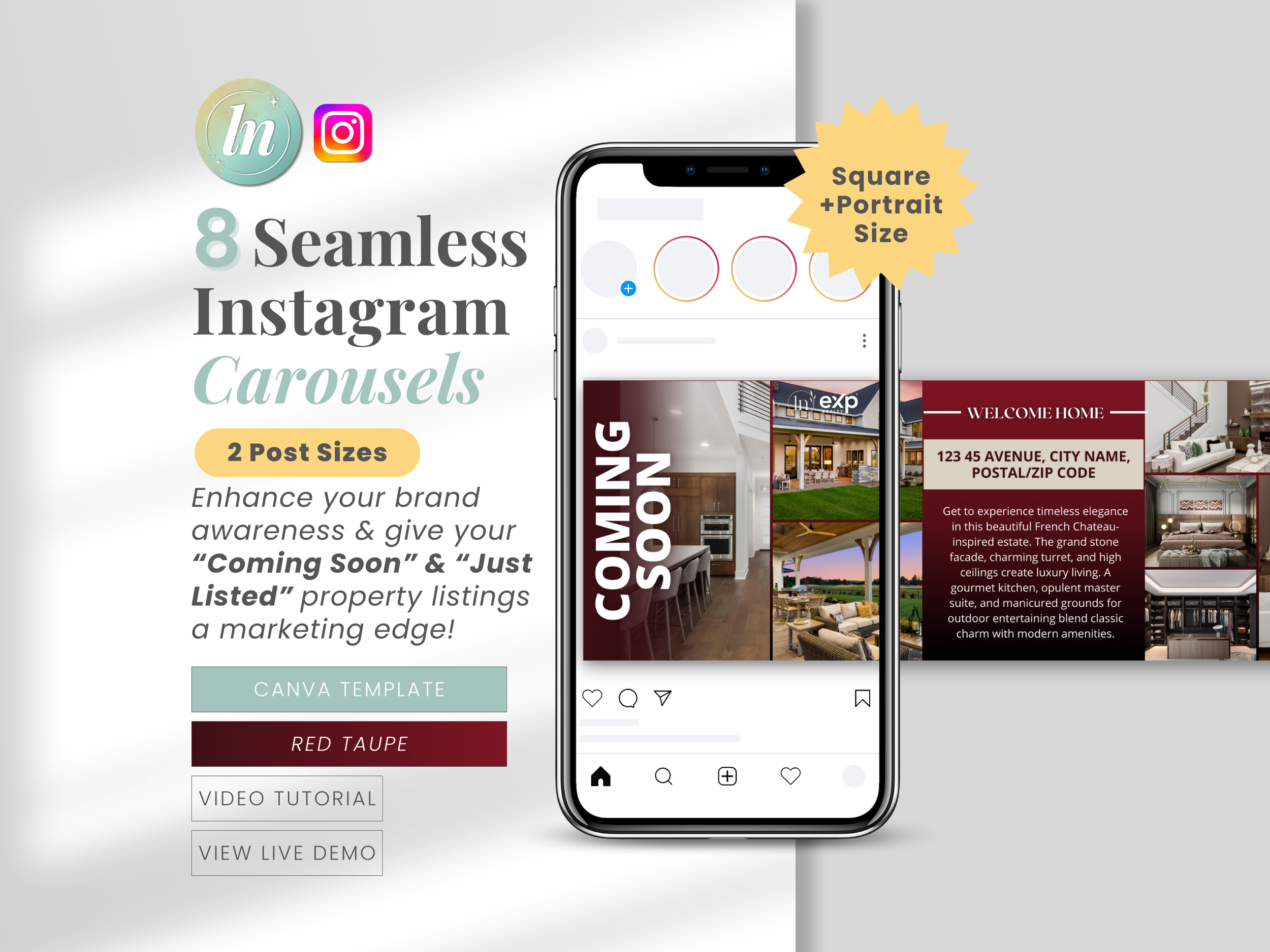 Features 4 real estate seamless Instagram carousel Canva templates. These IG designs showcase "Coming Soon" and "Just Listed" property listings to enhance brand awareness and market properties effectively. Includes a live demo and video tutorial.