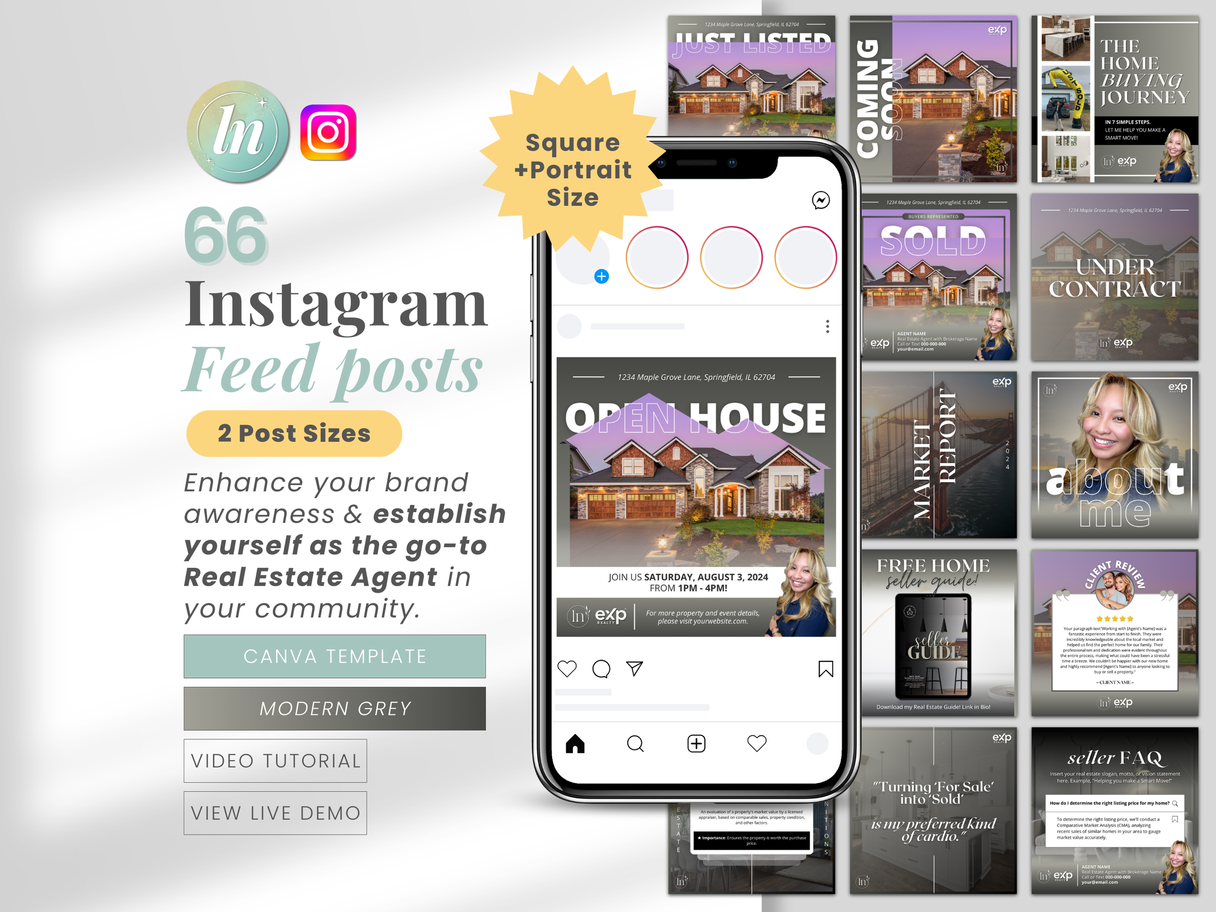This image showcases a bundle of 66 real estate Instagram feed post Canva templates. These designs help to enhance real estate agent brand awareness and promote real estate listings. Includes a live demo and video tutorial for customization.