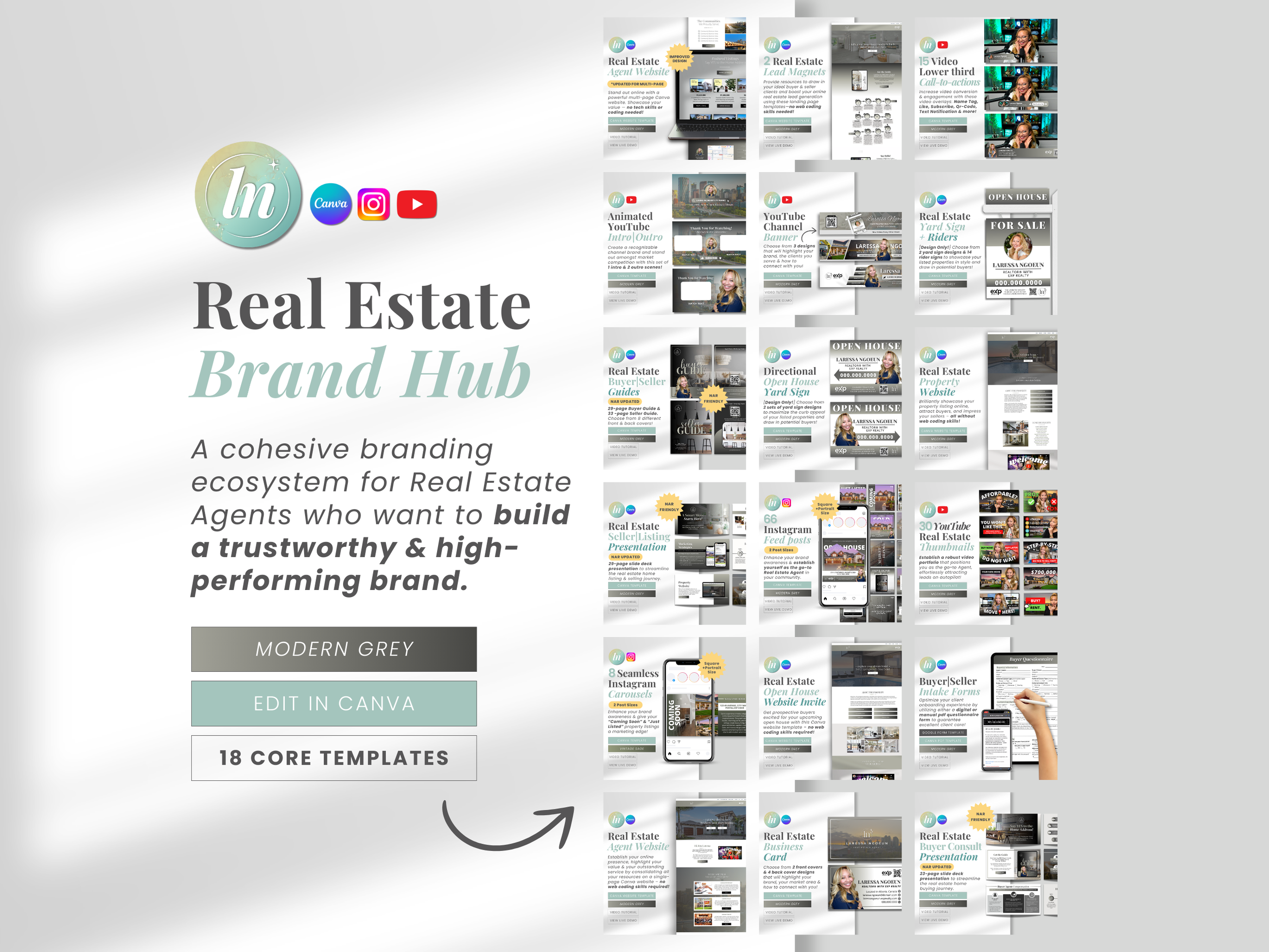 Modern Grey Real Estate Brand Hub – minimalist grey branding kit for realtors featuring website, social media, YouTube, and marketing templates. Designed and created by Laressa Ngoeun. 