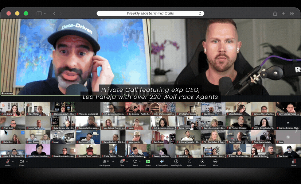 Private Wolf Pack Zoom video call featuring Leo Pareja, an eXp CEO, with over 220 Wolf Pack Agents, with multiple participant tiles visible at the bottom of the screen.