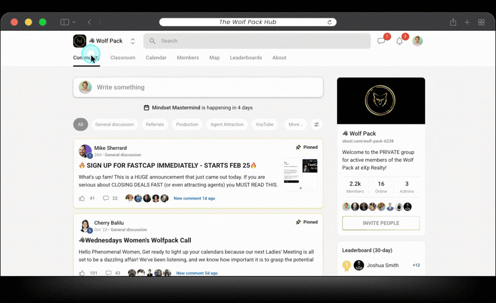Screenshot of the 'The Wolf Pack Hub,' on SKOOL, showing a sidebar with group details, a post about signing up for eXp FastCap, and another post about Wednesday Women's Wolfpack calls.