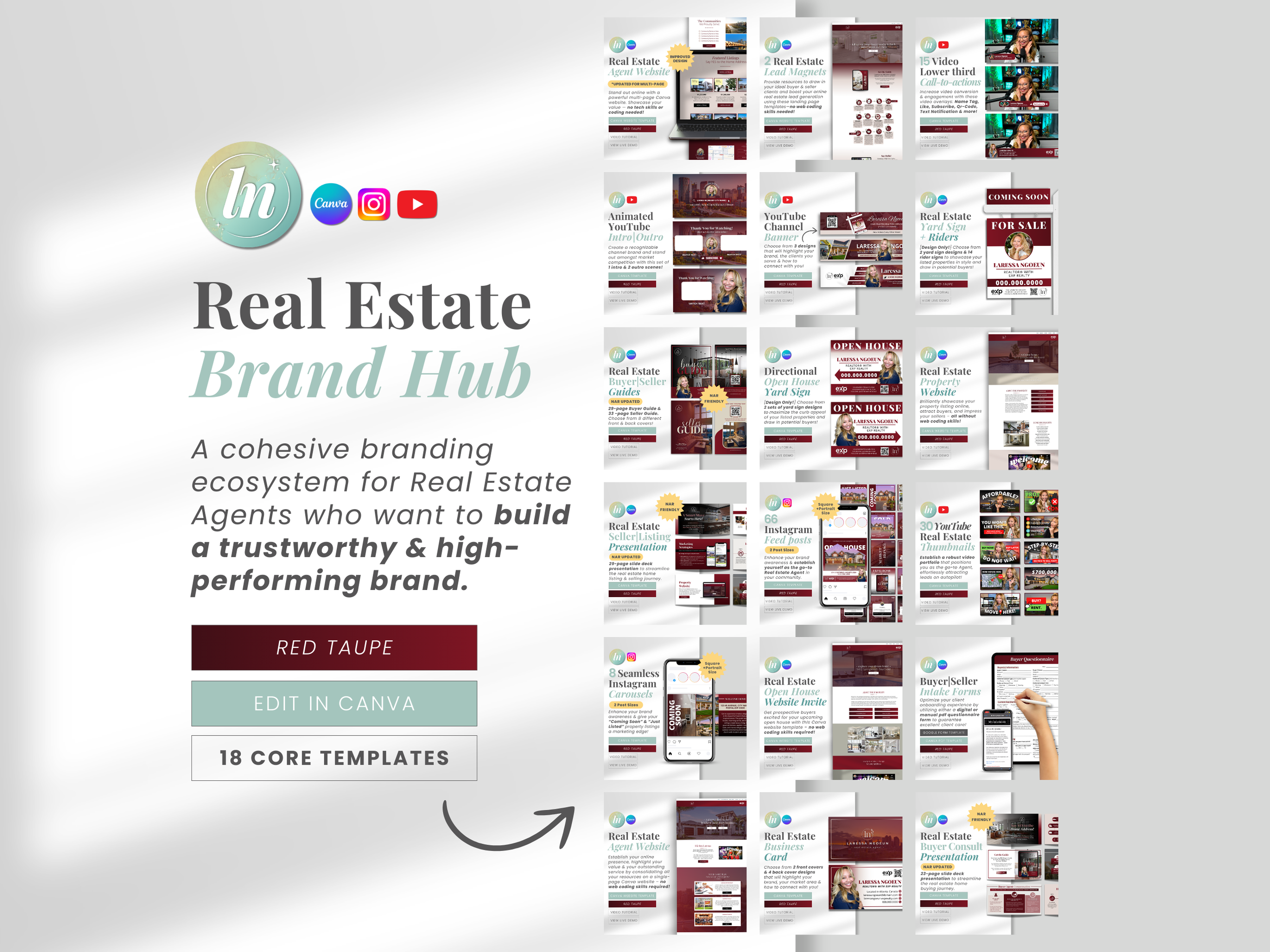 Red Taupe Real Estate Brand Hub – premium realtor branding system with templates for website, Instagram, YouTube, presentations, and marketing. Designed and created by Laressa Ngoeun. 