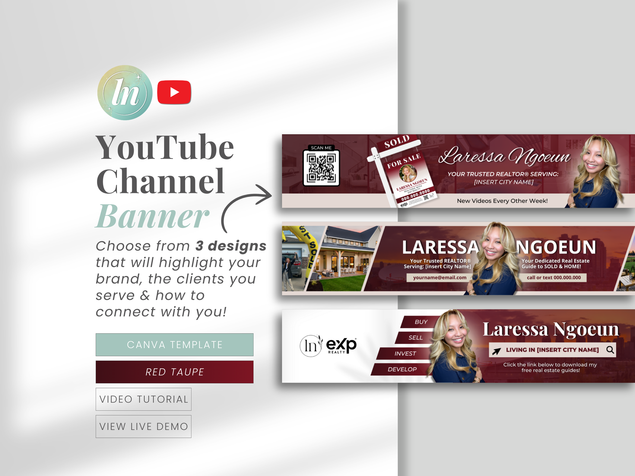 This image showcases three real estate YouTube Channel banner designs. These Canva templates help highlight your brand, the clients you serve, and provide contact information. Includes a live demo and tutorial to guide you through customization.