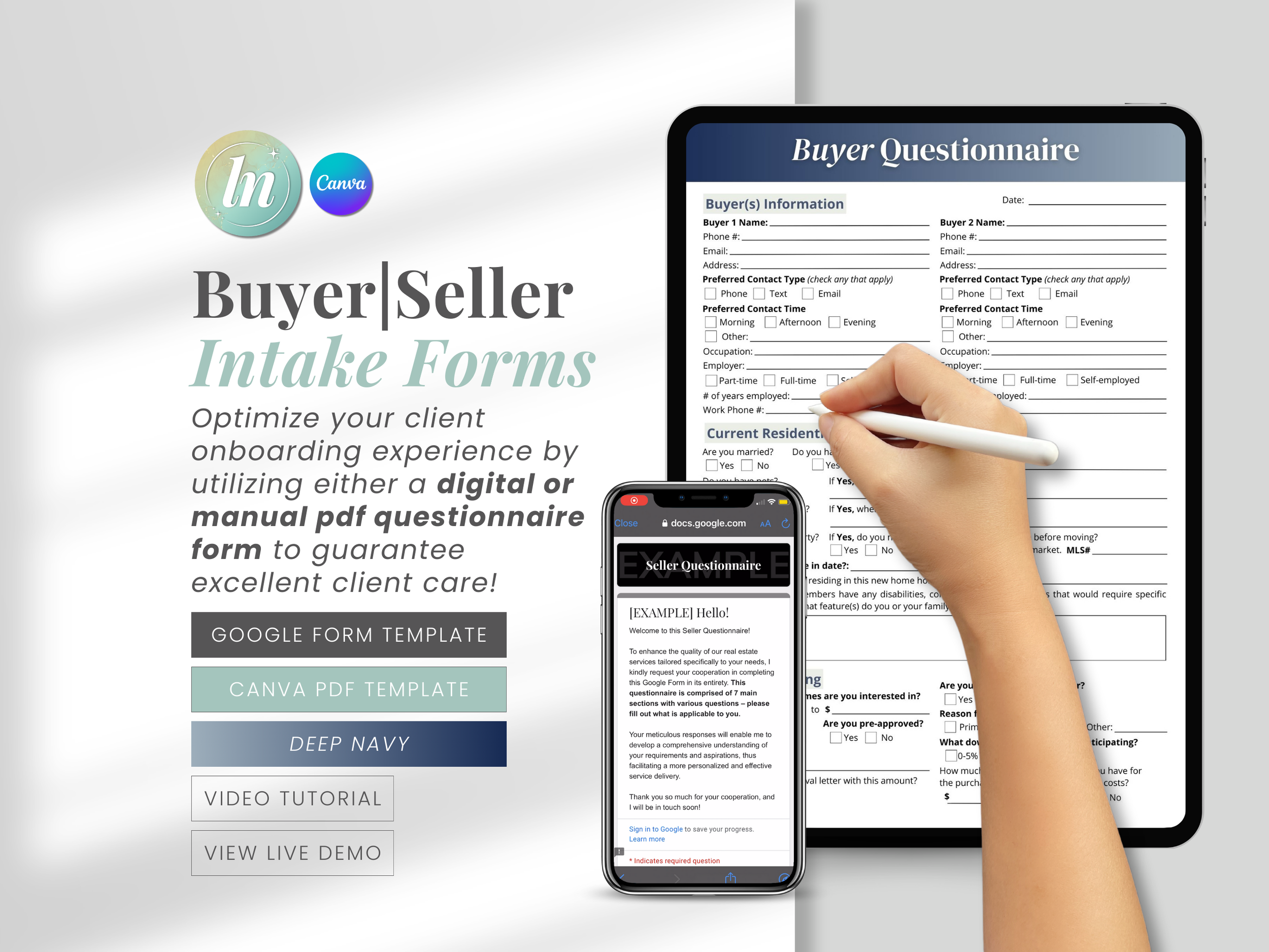 This image displays templates for buyer and seller intake forms. It features a Google Form and PDF questionnaire option to optimize real estate client onboarding. Template comes with a video tutorial and live demo available for guidance.