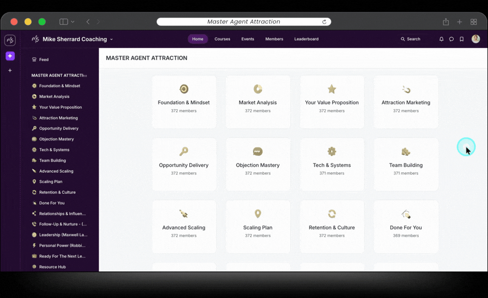 Screenshot of a webpage titled 'Master Agent Attraction' displaying various training modules, including 'Foundation & Mindset,' 'Market Analysis,' 'Your Value Proposition,' and others, with a sidebar menu on the left and a profile icon in the top right corner