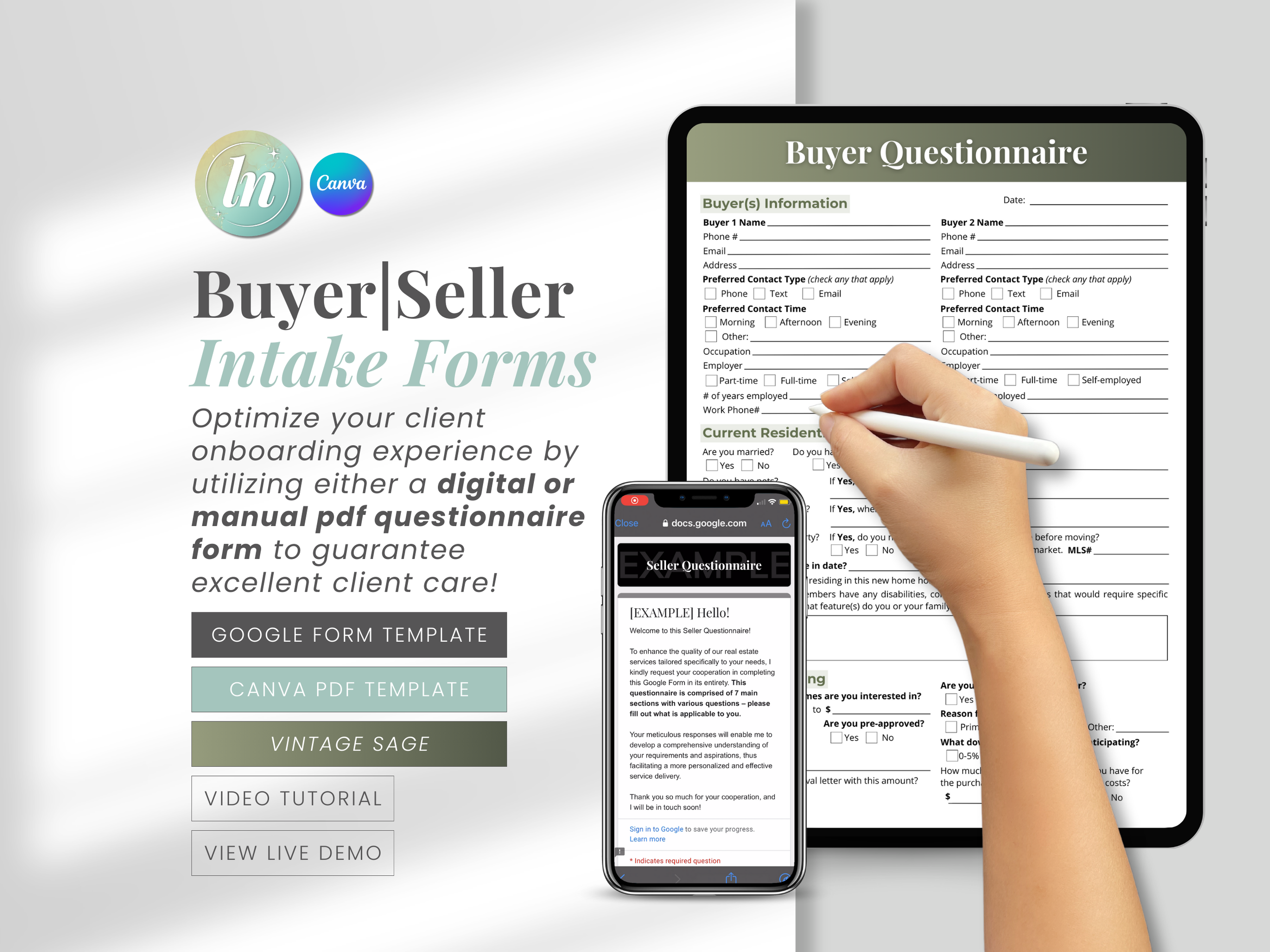This image displays templates for buyer and seller intake forms. It features a Google Form and PDF questionnaire option to optimize real estate client onboarding. Template comes with a video tutorial and live demo available for guidance.