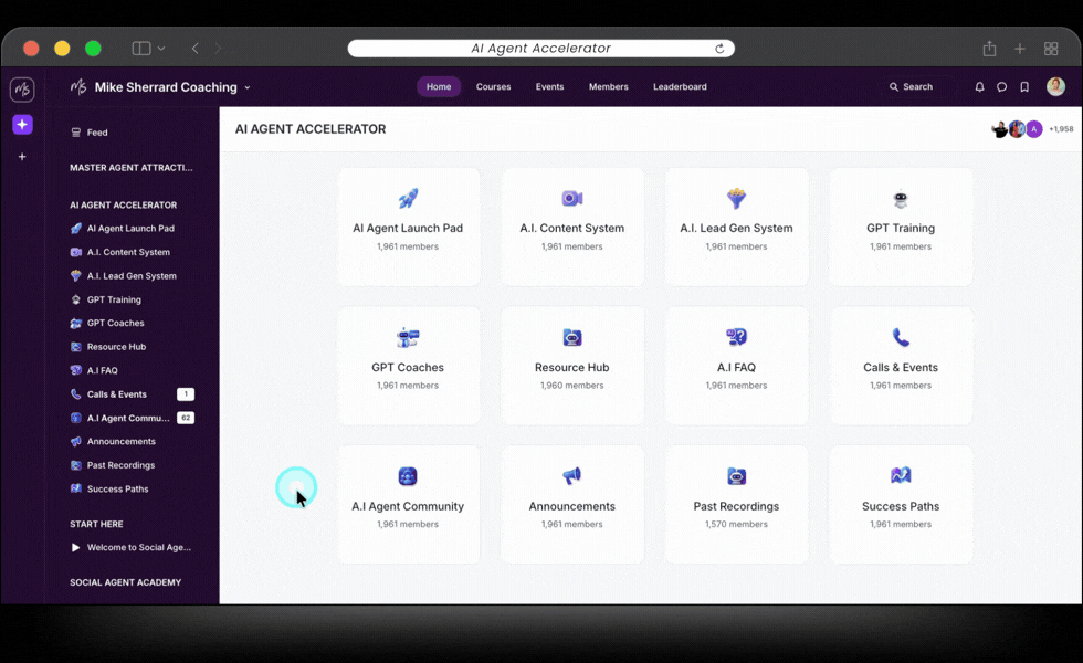 Screenshot of an online coaching platform called 'AI Agent Accelerator' with various sections including courses, events, leaderboards, and a menu on the left side showing different categories like AI Agent Launch Pad, AI Content System, GPT Coaching, and more.