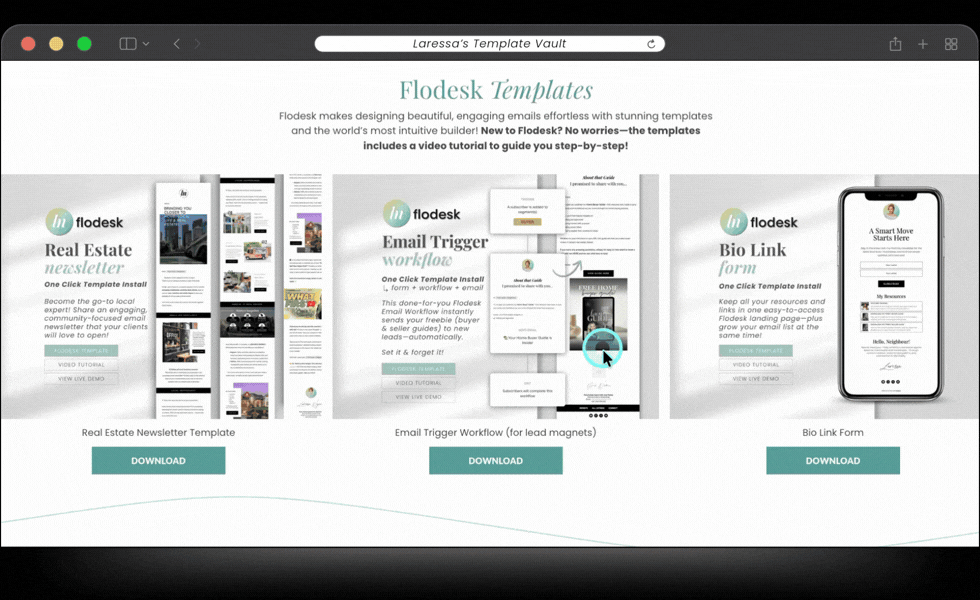 Screenshot of Laressa Ngoeun's template vault showcasing canva templates, flodesk templates, and notion templates. This scthree email marketing templates: real estate newsletter, email trigger workflow, and bio link form, each with a download button.