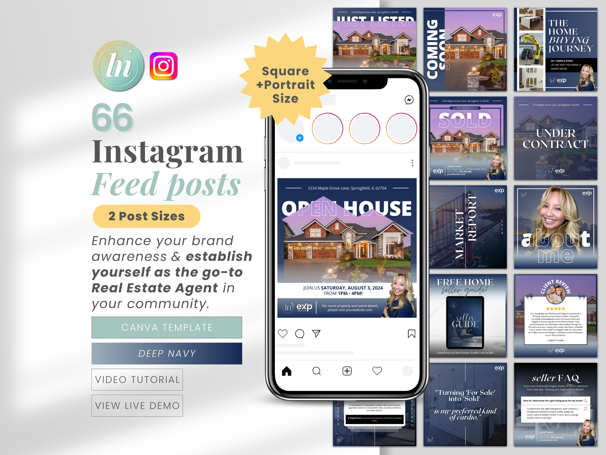 This image showcases a bundle of 66 real estate Instagram feed post Canva templates. These designs help to enhance real estate agent brand awareness and promote real estate listings. Includes a live demo and video tutorial for customization.