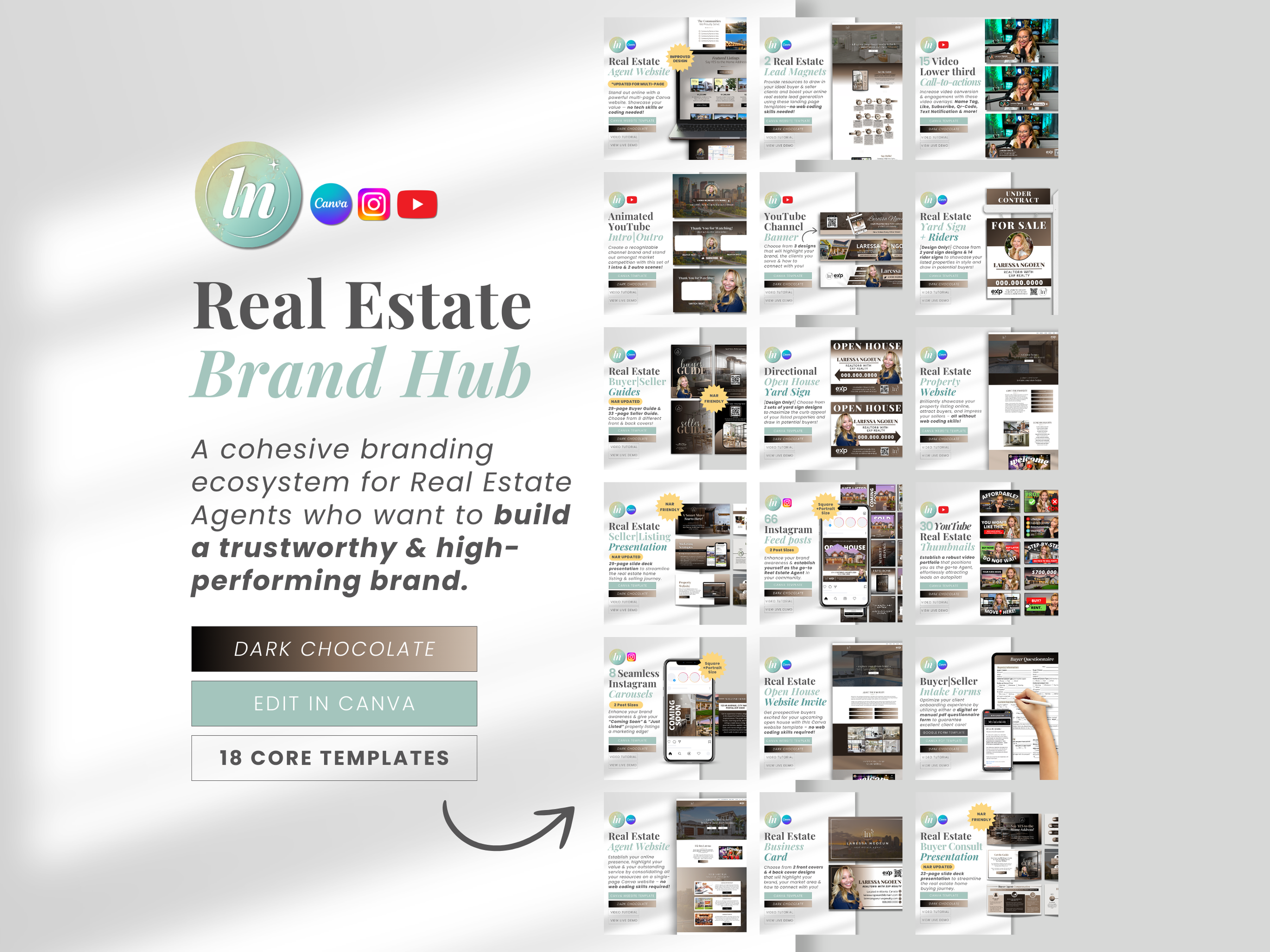 Dark Chocolate Real Estate Brand Hub – warm neutral real estate branding bundle with templates for website, Instagram, YouTube, and marketing. Designed and created by Laressa Ngoeun. 