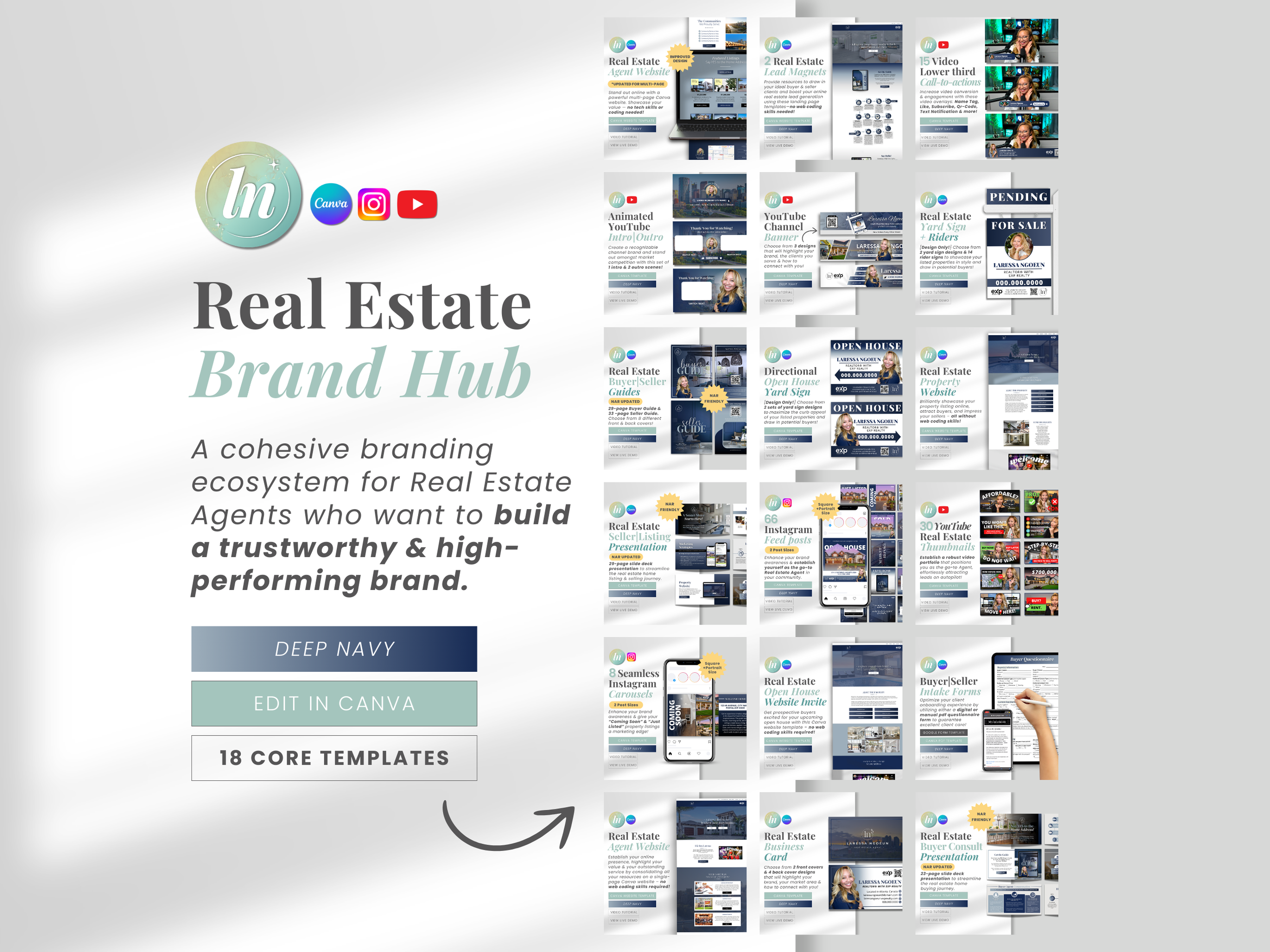 Deep Navy Real Estate Brand Hub – luxury navy blue branding bundle for real estate agents with website, social media, YouTube, and marketing templates. Designed and created by Laressa Ngoeun. 