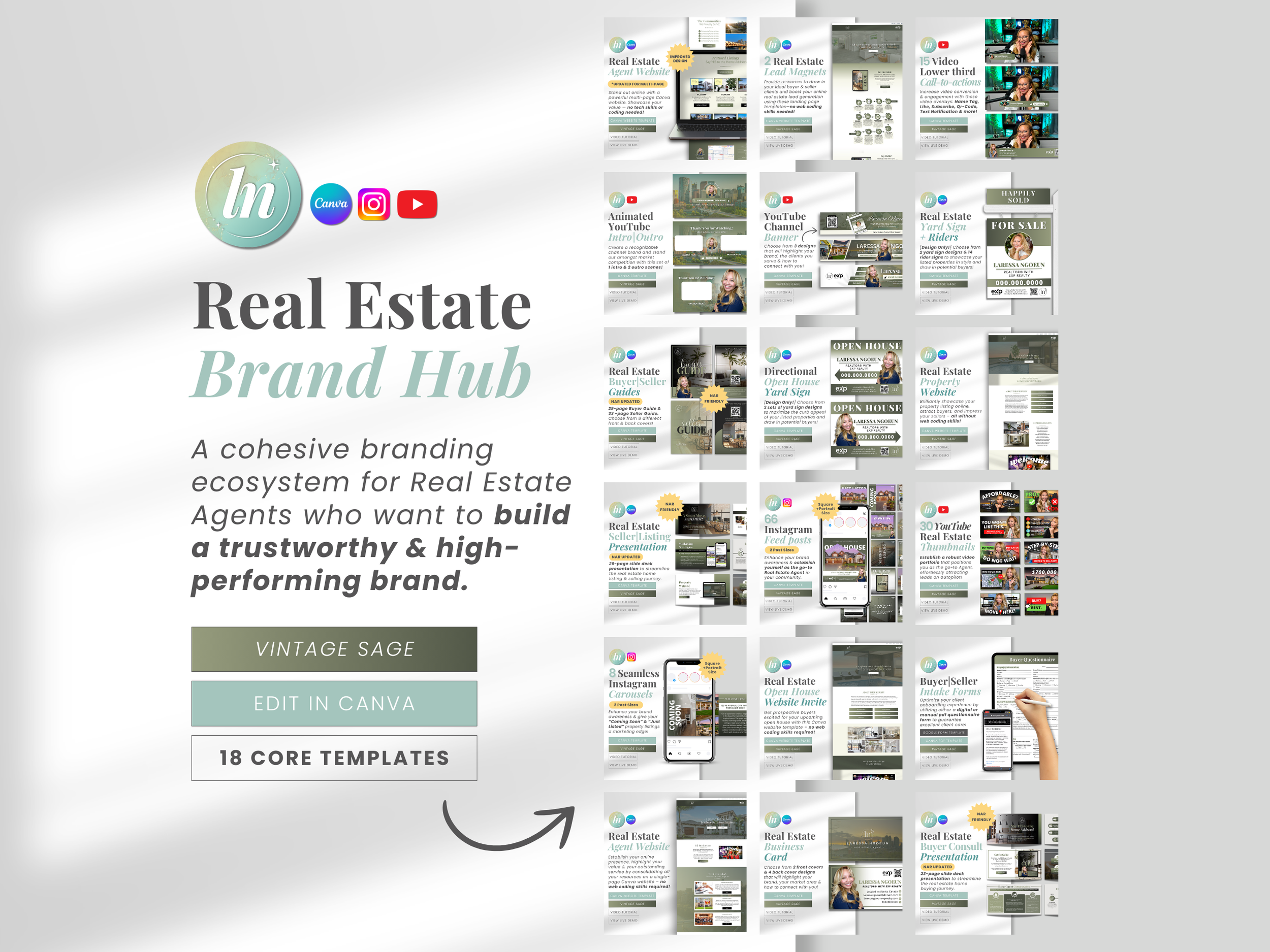 Vintage Sage Real Estate Brand Hub – cohesive realtor branding kit including website, Instagram, YouTube, and marketing templates in sage green palette. Designed and created by Laressa Ngoeun. 