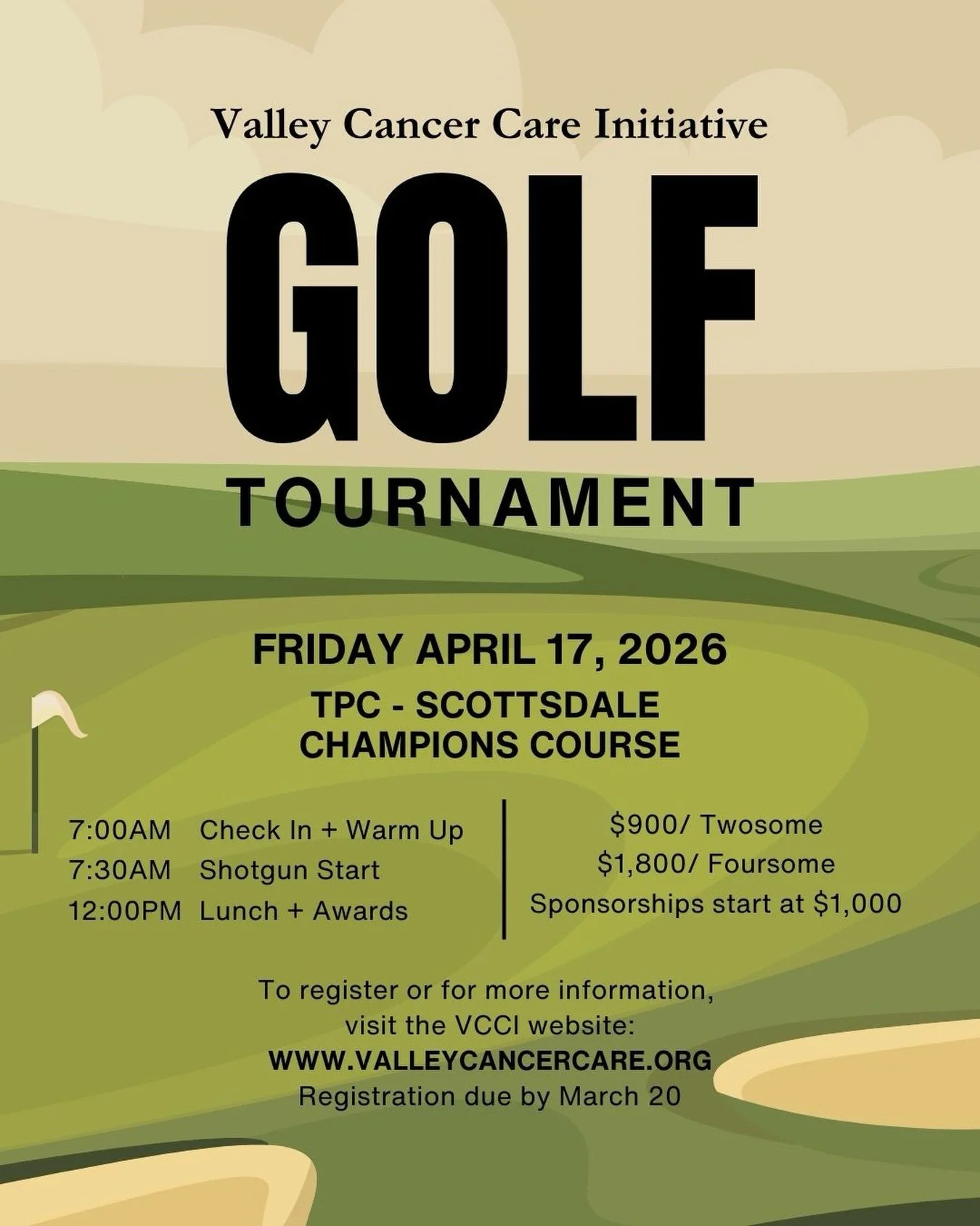 Tee up for a cause that truly matters.

Join us for Valley Cancer Care Initiative&rsquo;s Annual Golf Tournament on Friday, April 17, 2026 at the beautiful TPC Scottsdale Champions Course.

All skill levels welcome, whether you&rsquo;re a seasoned go