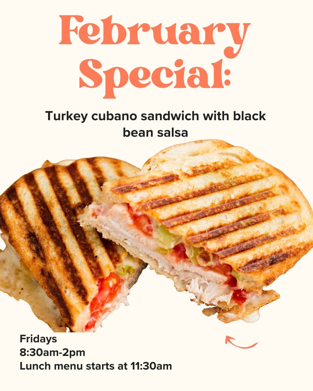 I'm here to announce the February Special (Turkey Cubano) but what I'm really excited about is the accompanying condiment -- house made black bean salsa! Because what is lunch, really, but the best excuse to break out all the best condiments. It is t