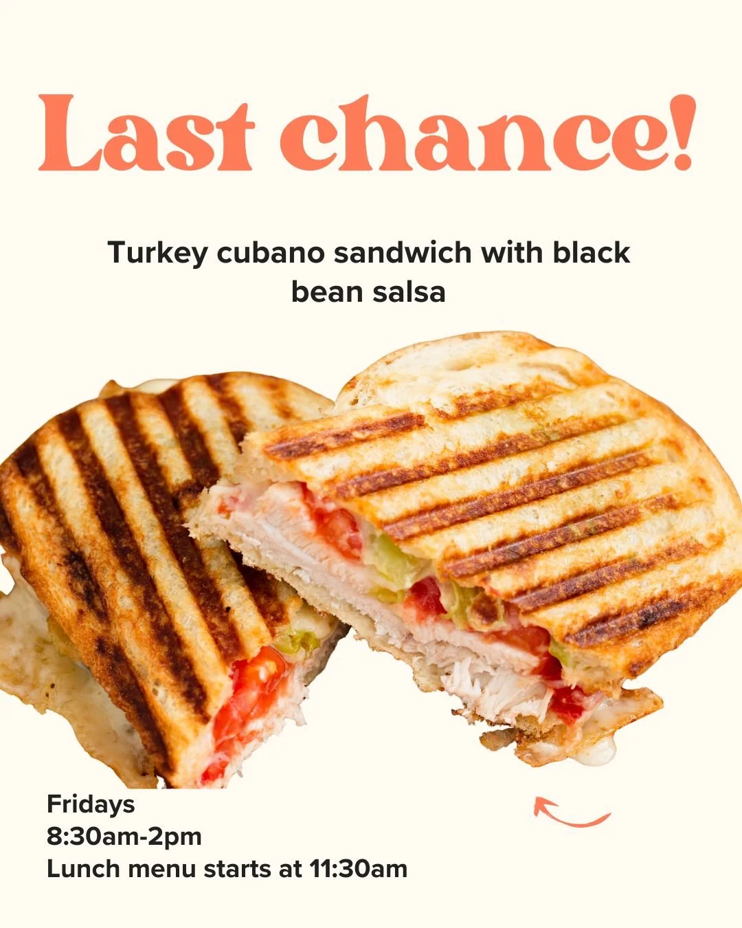 Tomorrow is your last chance to grab this delicious grilled Turkey Cubano sandwich! Featuring roast turkey, prosciutto and pickles, and served with a side of black bean salsa. Get it before it's gone!

Bonus points: the pear chevre crumble bar with s