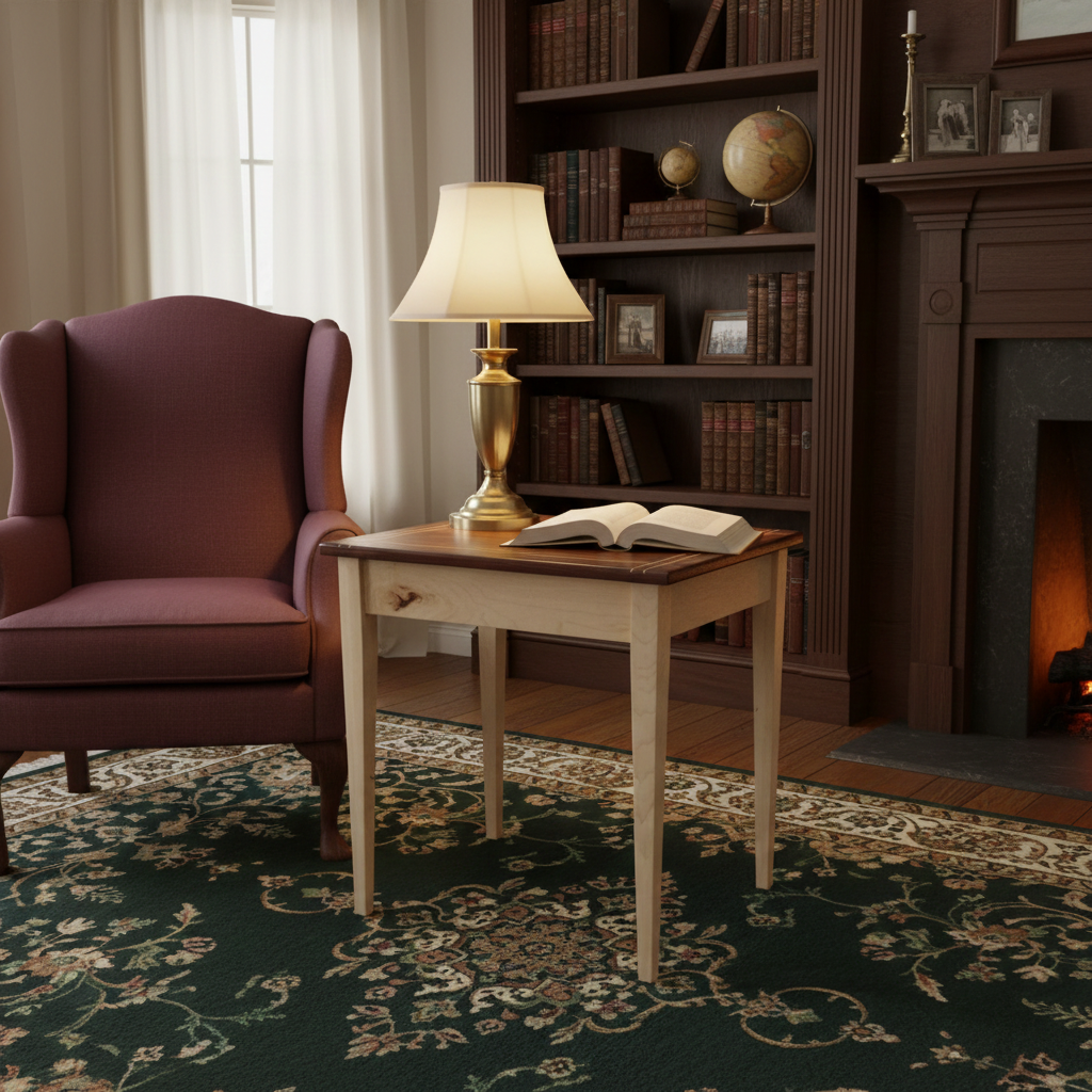 A cozy vintage living room corner with a burgundy wingback armchair, an open book on a small wooden side table, a brass table lamp, a dark wooden bookshelf filled with books, framed photos, globes, and a fireplace with a lit fire.