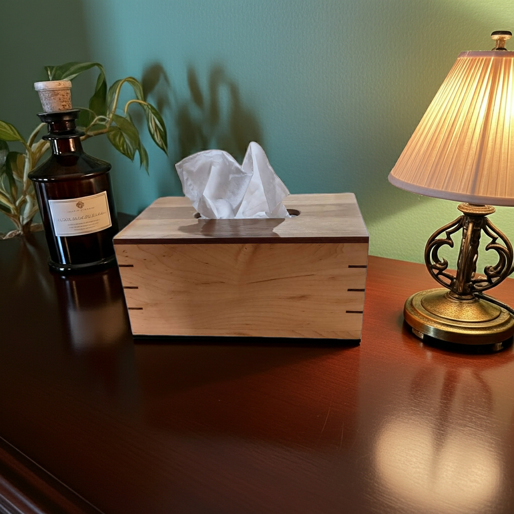 A wooden tissue box with crumpled tissues inside, a table lamp with a fabric shade, a dark glass bottle with a plant, and a green wall in the background.