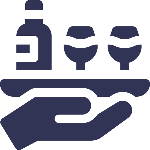 Simplified icon of a hand holding a tray with a bottle and two glasses.