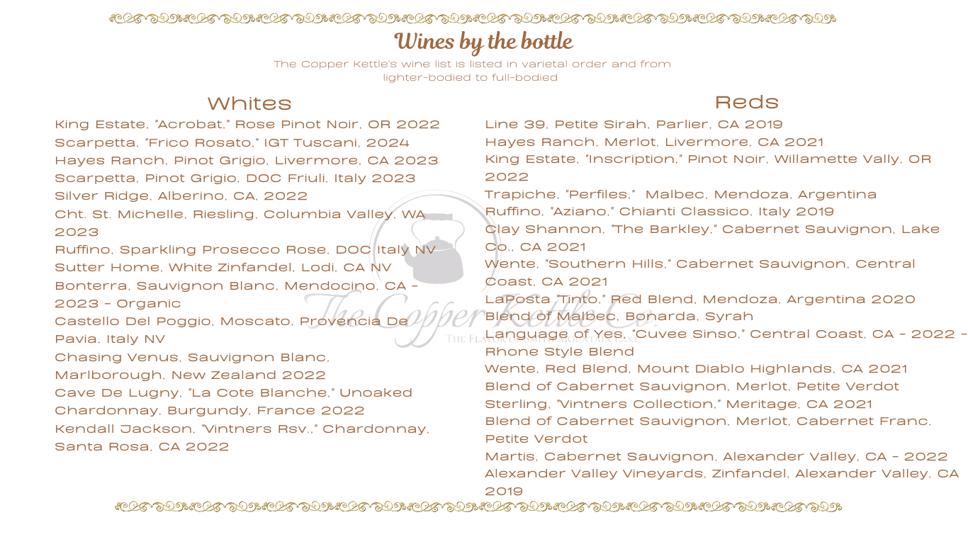 List of wines organized by color, including names and years, with decorative borders at the top and bottom.