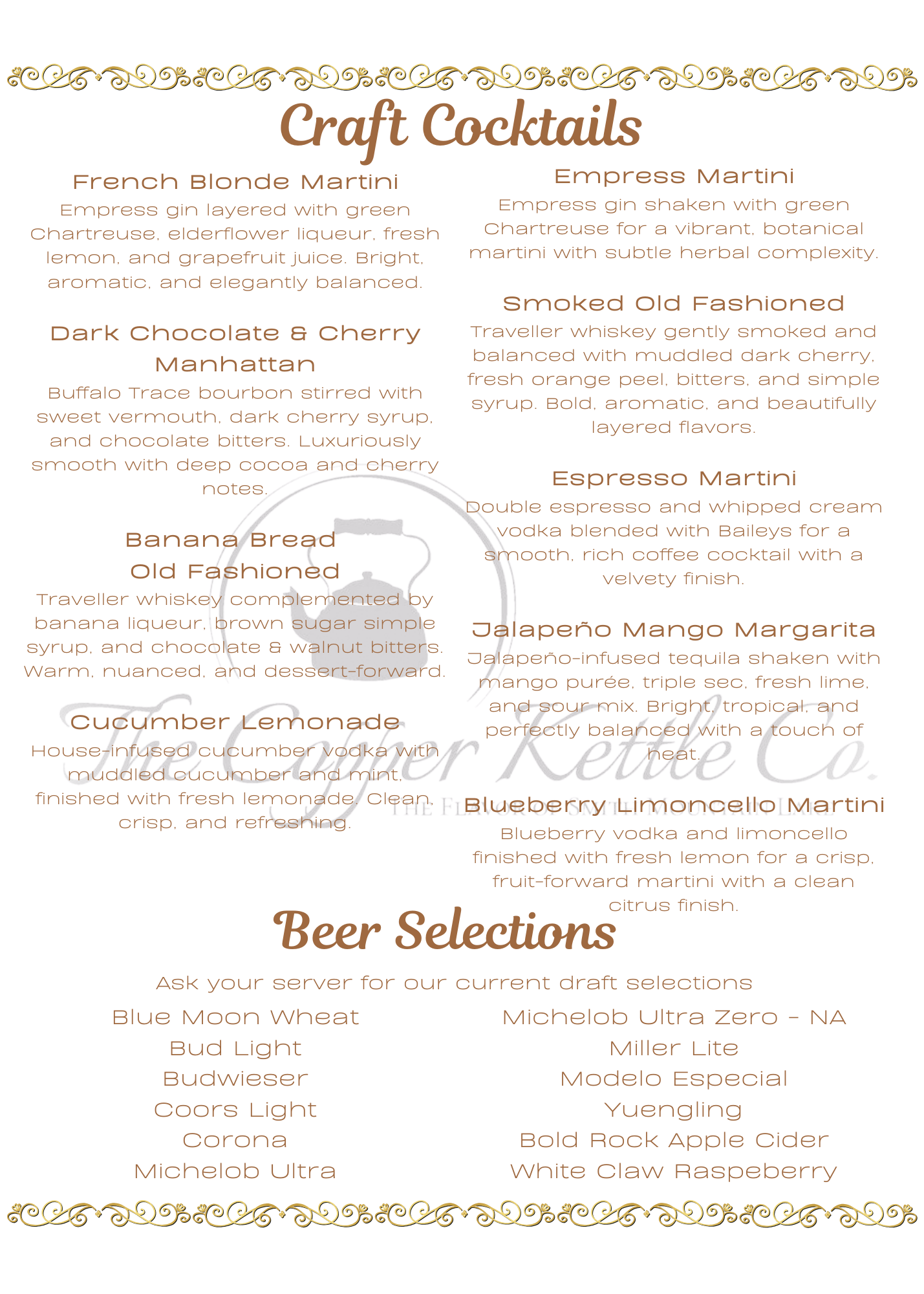 Menu featuring craft cocktails and beer options. Craft cocktails include French Blonde Martini with gin, Chartreuse, elderflower liqueur, lemon, and grapefruit juice; Empress Martini with gin and green Chartreuse; Smoked Old Fashioned with whiskey, dark cherry, orange peel, bitters, and syrup; Espresso Martini with espresso and whiskey; Banana Bread Old Fashioned with whiskey, banana liqueur, and bitters; Cucumber Lemonade with cucumber vodka and lemon; Jalapeño Mango Margarita with tequila, mango, lime, and sour; Blueberry Limoncello Martini with vodka and limoncello. Beer selections include Blue Moon Wheat, Bud Light, Budweiser, Coors Light, Corona, Michelob Ultra, Michelob Ultra Zero, Miller Lite, Modelo Especial, Yuengling, Bold Rock Apple Cider, and White Claw Raspberry.