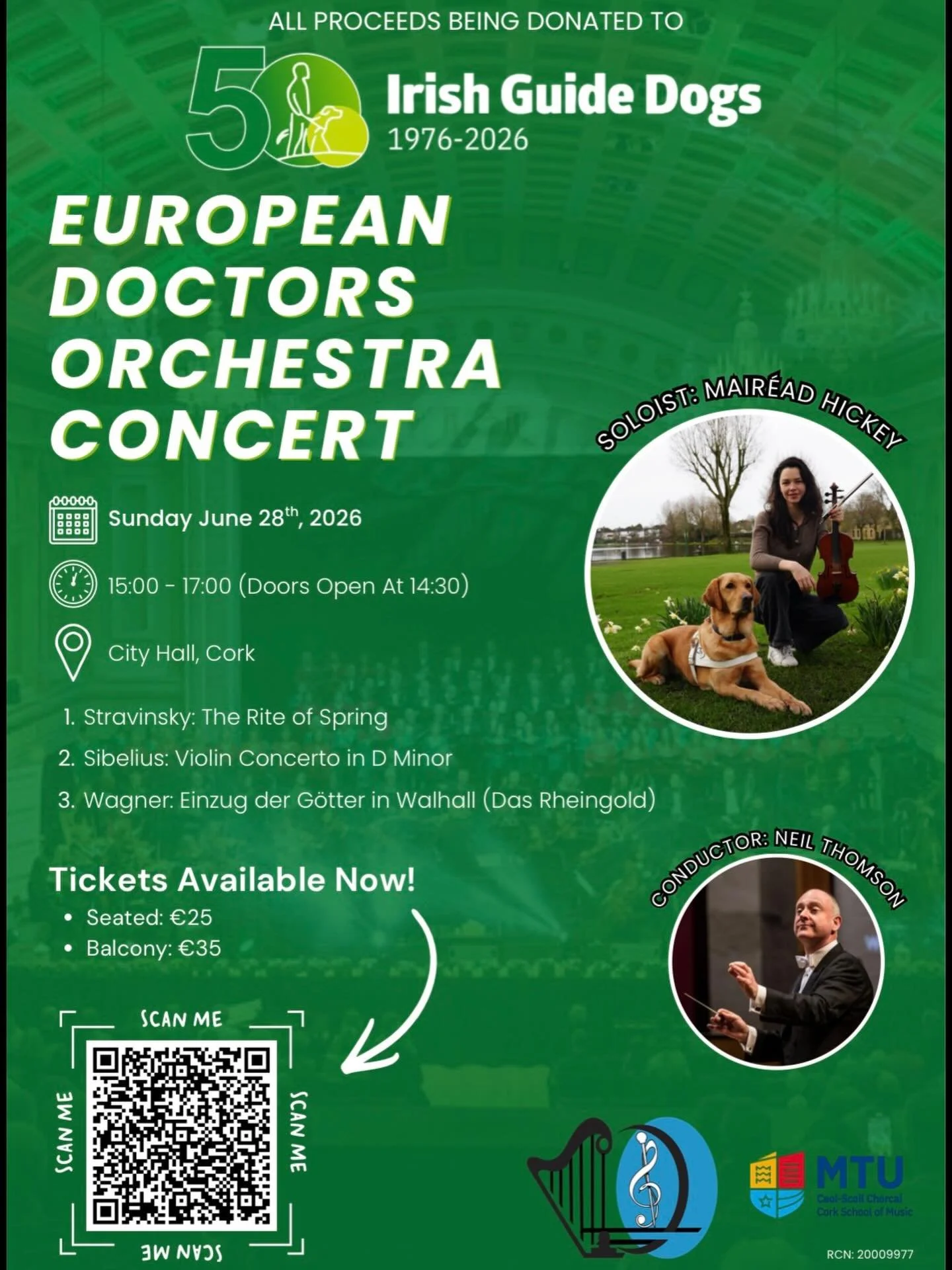 We are thrilled to announce that we are hosting the European Doctors Orchestra in Cork this June on behalf of Irish Guide Dogs.

We have an incredible programme under the baton of Neil Thomson with renowned Cork native Mairead Hickey joining us on vi