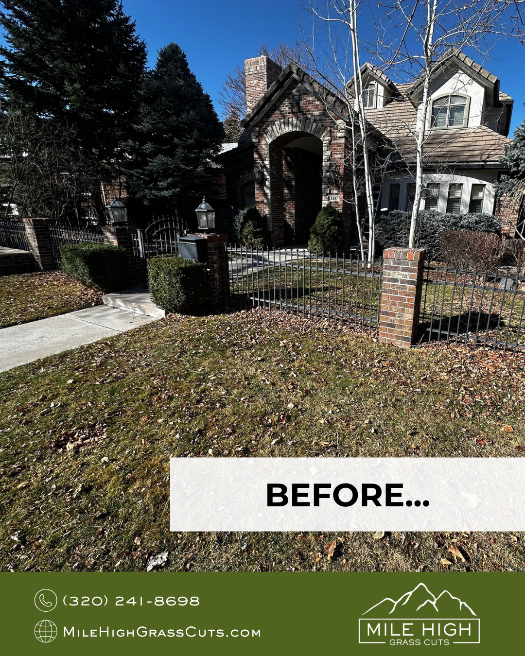 A brick house with an arched entryway, surrounded by trees and a black metal fence, with a sidewalk in front and a lawn with leaves.