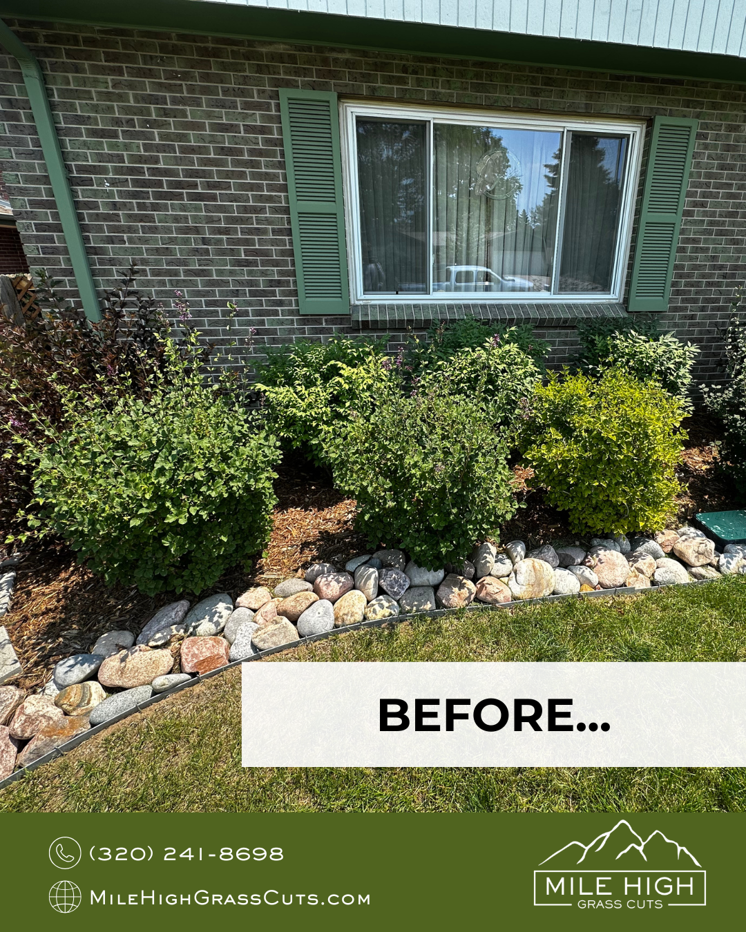 Before image showing a landscaped garden with trimmed bushes, decorative rocks, and a brick house wall with a window and green shutters.