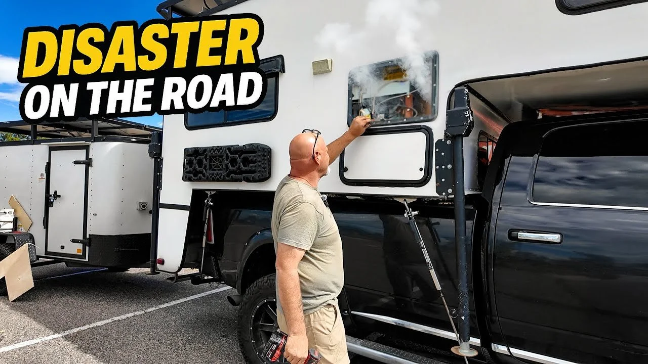 Runaway Parents stands next to a black pickup truck, opening the window of a large white RV. Smoke or steam is coming out of the window, and he is holding a remote control in his right hand. 