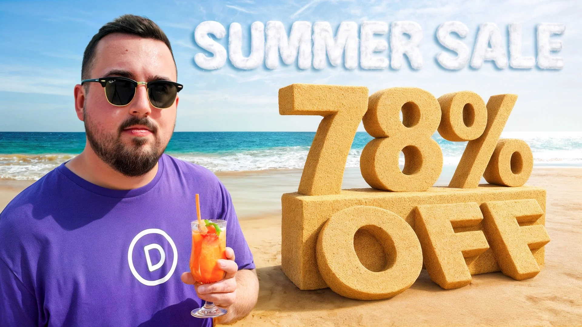 Matt Philie holding a tropical drink on the beach, with large sandcastle letters spelling '70% OFF' and a blue sky in the background.