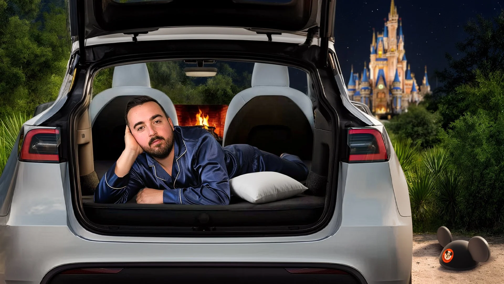 Matt Philie lying inside the open trunk of a Tesla Model Y at night, with a castle illuminated in the background and a Mickey Mouse balloon on the ground nearby.