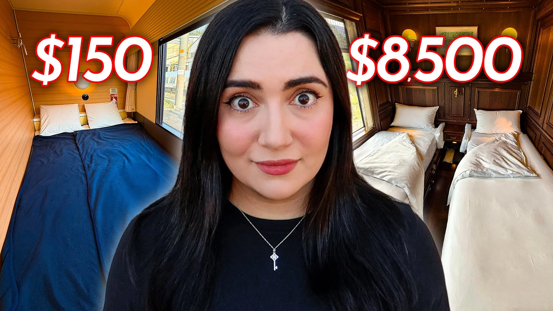 Safiya Nygaard stands in front of two contrasting bedrooms, one affordable and one luxury, with price tags $150 and $8,500 respectively.