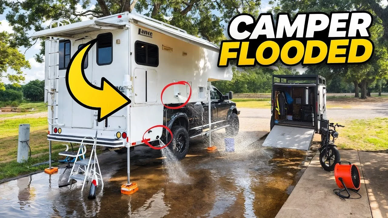 A camper trailer after flooding with water spray and hose, indicating it is being cleaned or dried. A yellow arrow and large text reading 'CAMPER FLOODED' are overlayed on the image.