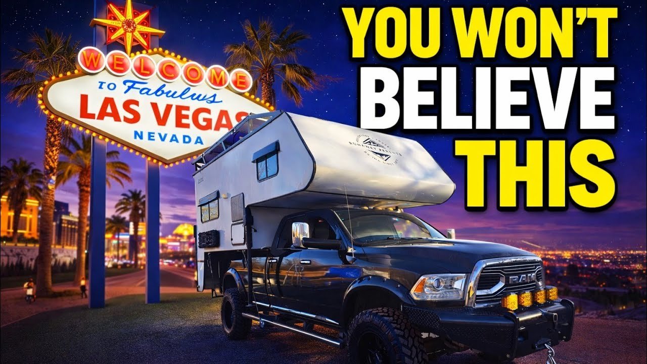 A black pickup truck with a camper, parked in front of the Las Vegas welcome sign at night, with the city skyline in the background and the words "You Won't Believe This" in large yellow and black text on the right side of the image.