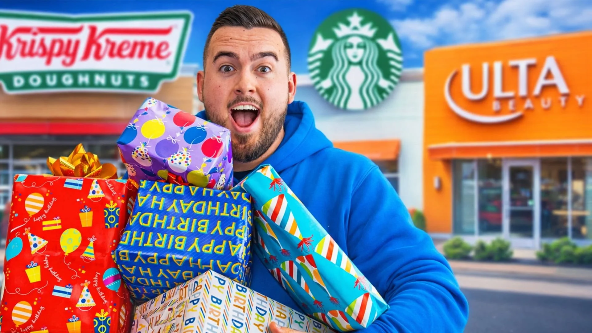 Matt Philie in a blue hoodie holding multiple wrapped birthday presents, standing in front of a shopping plaza with Krispy Kreme, Starbucks, and Ulta Beauty stores.