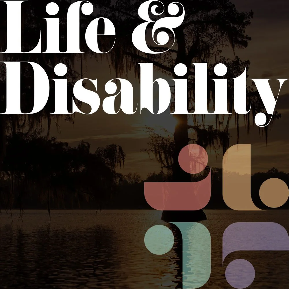 Text saying 'Life & Disability' over a silhouette of trees and water with abstract shapes.