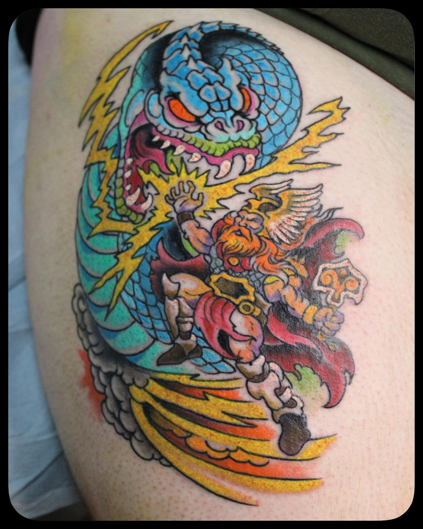 Some recent tattooing! Finished up this Thor/world serpent tat for @ianjefferson73 , had fun making this version of the “Crookcraw Elder” Magic card for Rachel, and a healed up wizard for @eric.balestrieri ! All tats welcome, I have some