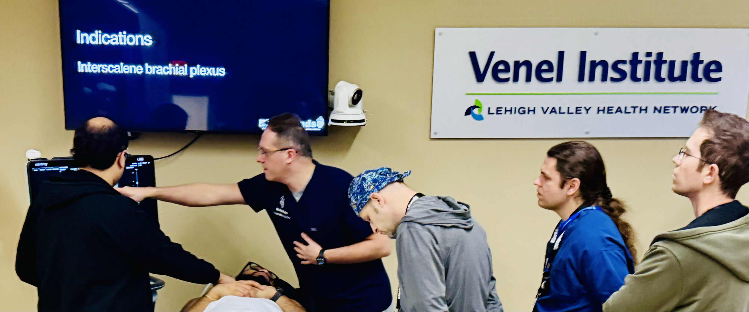 Healthcare professionals attending a medical training session on interscalene brachial plexus, at Venel Institute, Lehigh Valley Health Network.