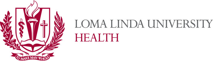 Loma Linda University Health logo with a maroon flame, caduceus, medical cross, and open book surrounded by laurel branches.