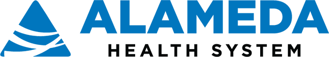 Alameda Health System logo with stylized water waves and text in blue and black