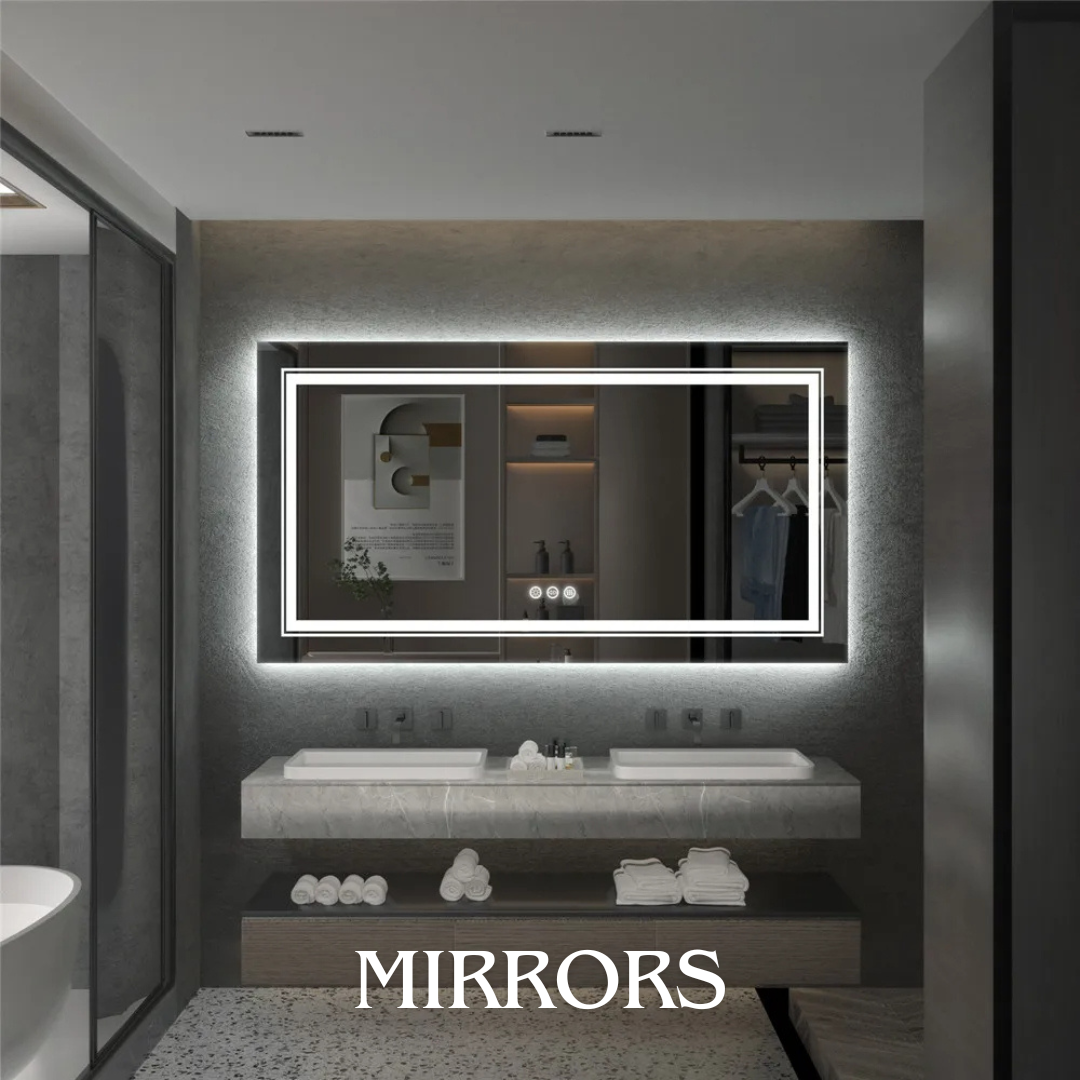 Modern bathroom interior with a large LED-lit rectangular mirror above a double sink vanity. Towels are neatly stacked on open shelving beneath the vanity. The floor has a speckled pattern, and the word "MIRRORS" is displayed at the bottom.