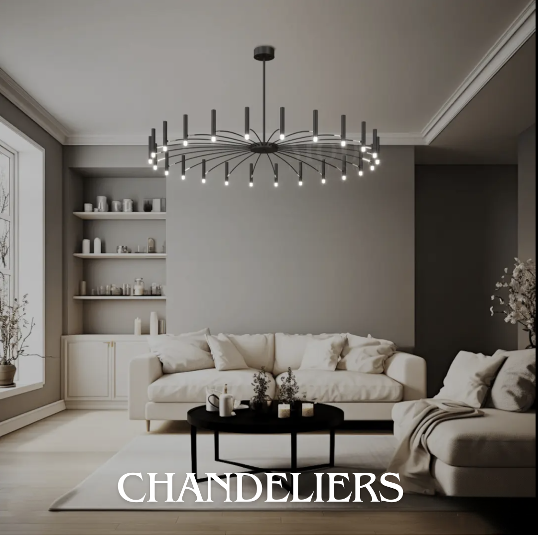 Modern living room with a large, contemporary chandelier, beige sofas, a black coffee table, shelves with candles, and decorative plants.