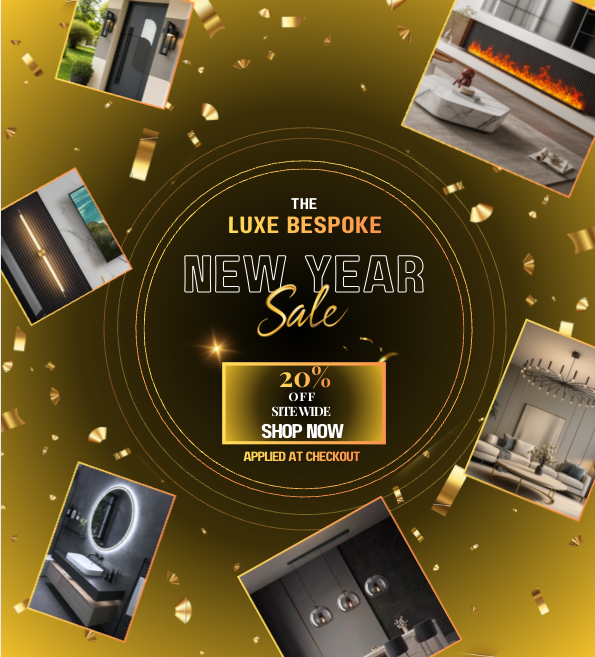 Promotional graphic for the Luxe Bespoke New Year Sale offering 20% off sitewide, with images of modern interior furniture and decor, gold confetti accents, and a black background.