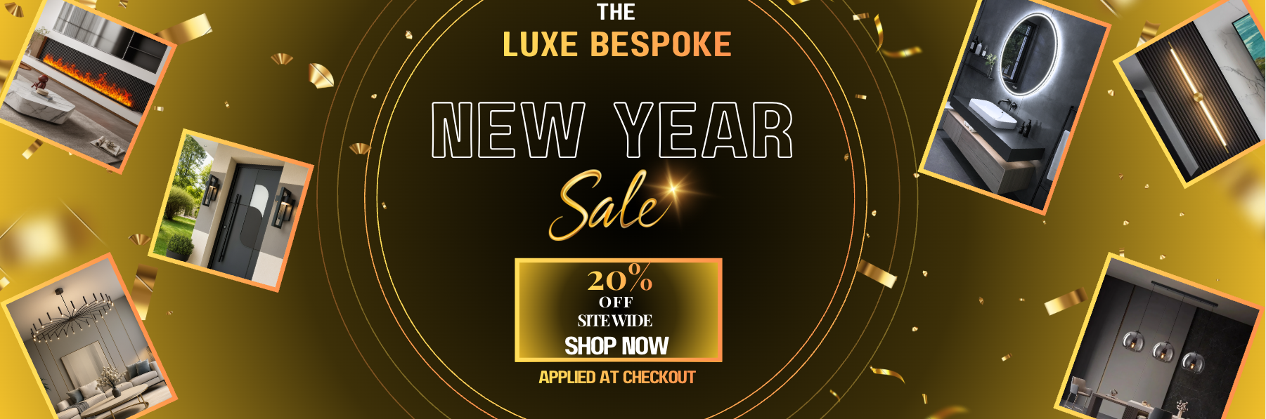 A promotional graphic for a New Year sale on home decor and furniture, featuring golden elements, scattered images of interior design items, and a centered message about a 20% sitewide discount.