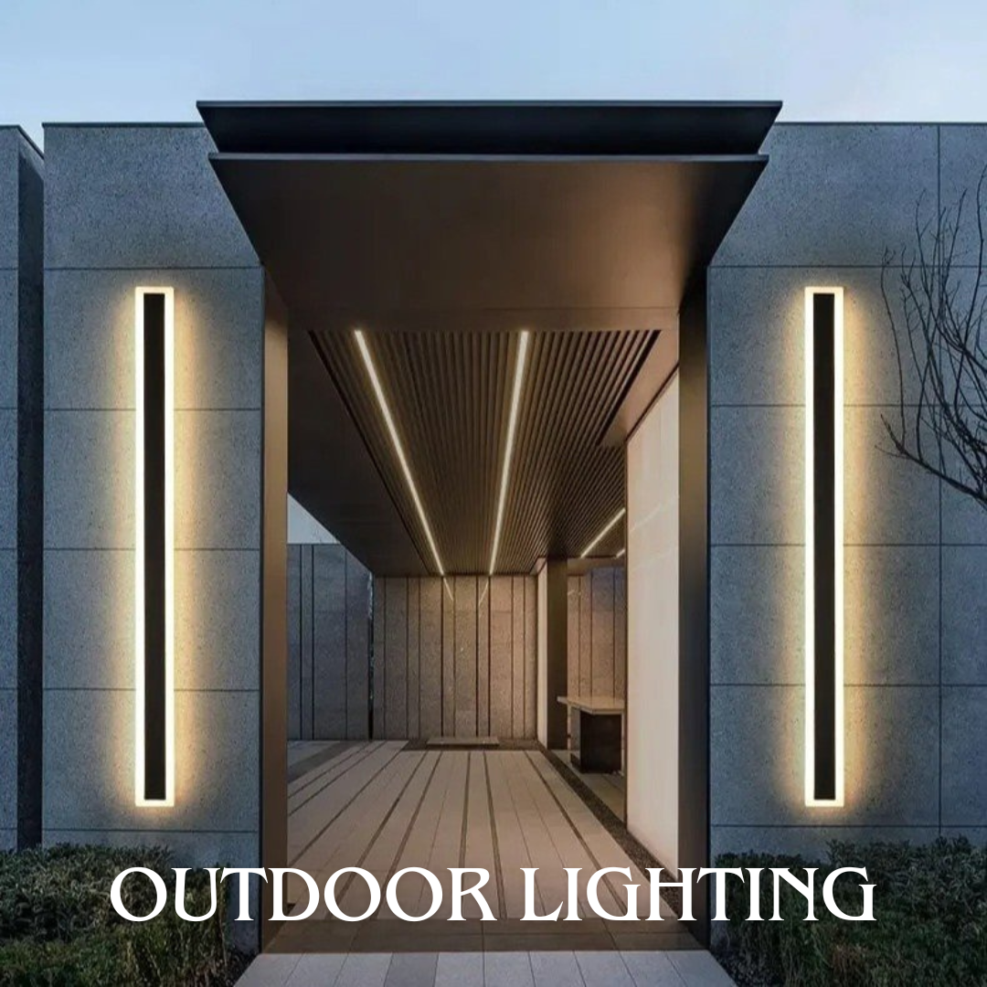 Modern building entrance with vertical LED strip lights on gray walls and text "Outdoor Lighting" at the bottom.