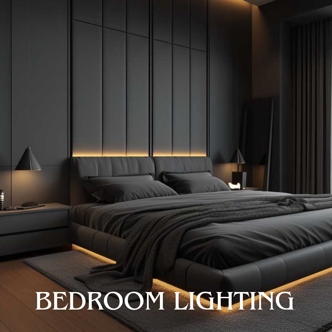 Modern bedroom with dark decor, ambient lighting, large bed, and "Bedroom Lighting" text overlay.