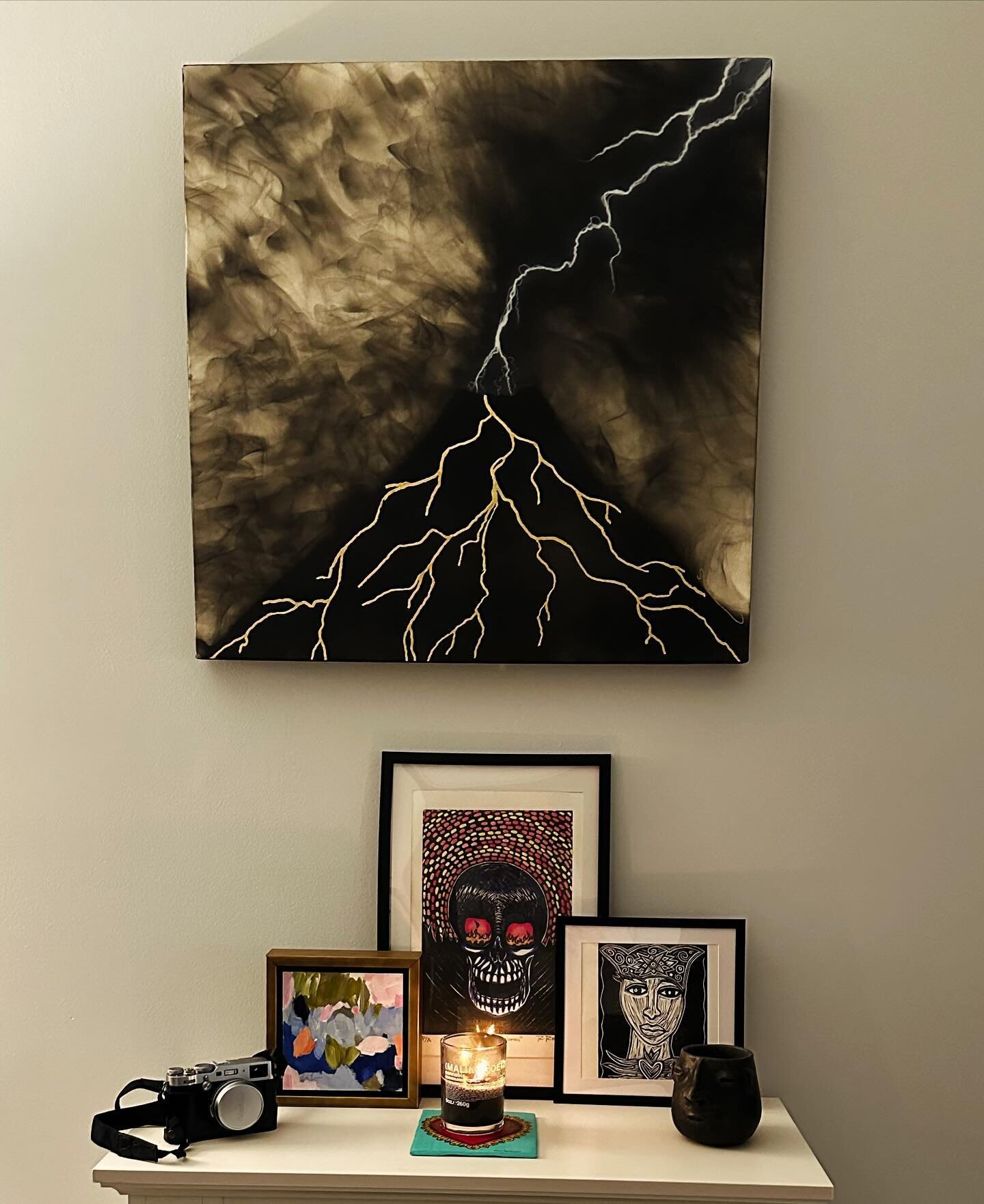 Beyond excited to hang my new painting from @sabinoguisu! We were so lucky to visit his art studio in Oaxaca back in November and he graciously sold me this beautiful volcano. It was a bit of an odyssey to get it back to the states, but I&rsquo;m bey