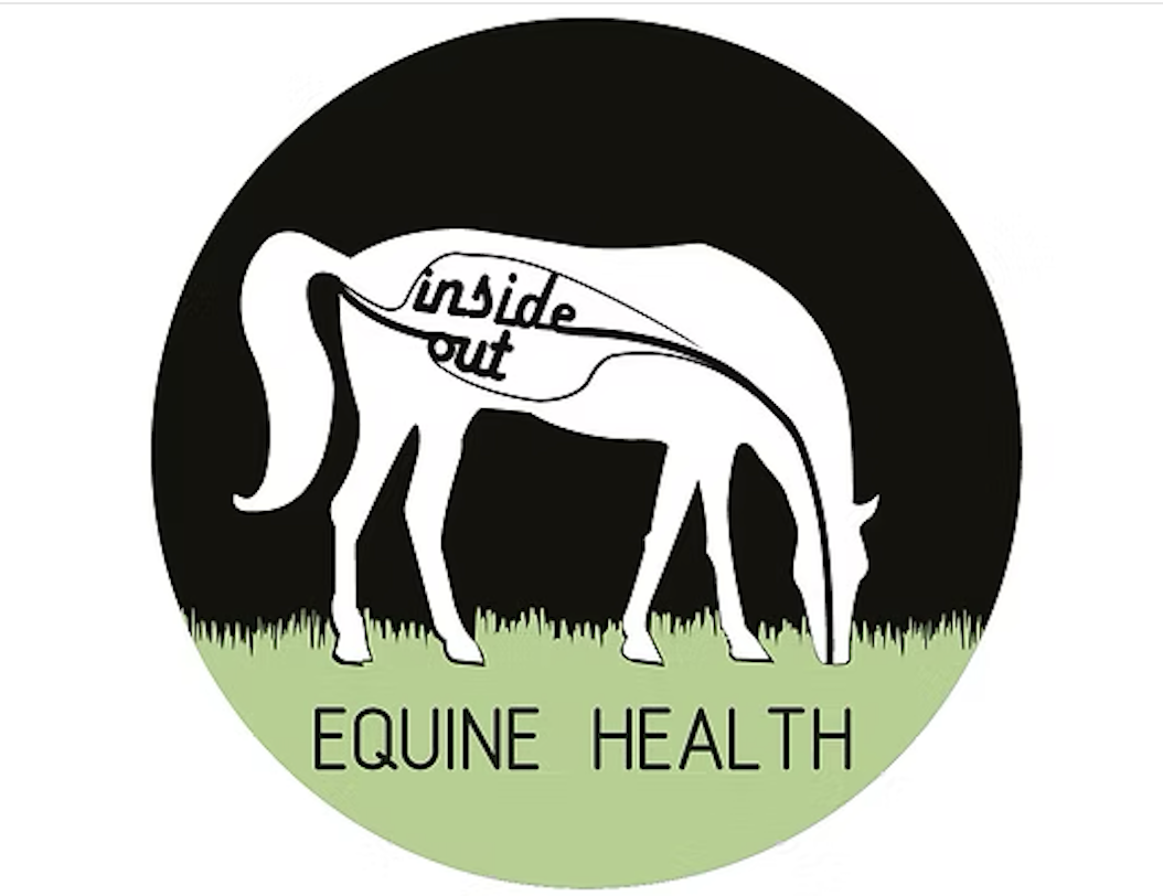 A logo with a black background and a white silhouette of a grazing horse, with the words "inside out" written inside the horse's body. Below, it says "EQUINE HEALTH" on a green grass-like ground.