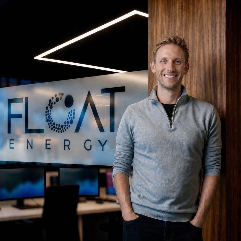 Adam Meekings, a white man with short blonde hair, leans on the wall and smiles at the camera at the FLOAT Energy offices